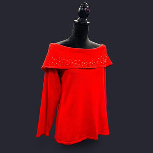Glitter Metallic Party Pearl Red Pullover 3/4 Sleeve Sweater Black Rivet XL